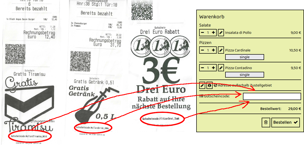 Beispiel für Gutscheincodes auf Rechnungszetteln von Pizza Engersdorf in Großengersdorf Hauptstrasse 68 – drei Rechnungen mit individuellen Gutscheincodes, die im Online-Warenkorb des Restaurants eingegeben werden können.