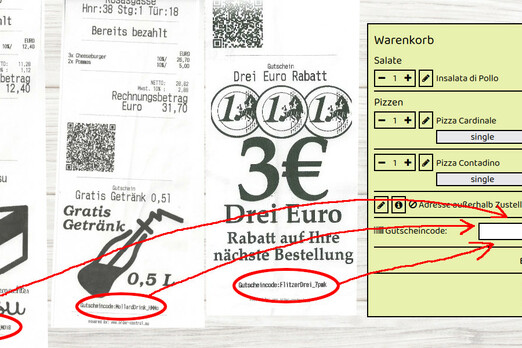 Beispiel einer Rechnung mit markierten Rabatt-Gutscheinen und Anleitung zur Eingabe im Bestellformular bei Pizza Engersdorf